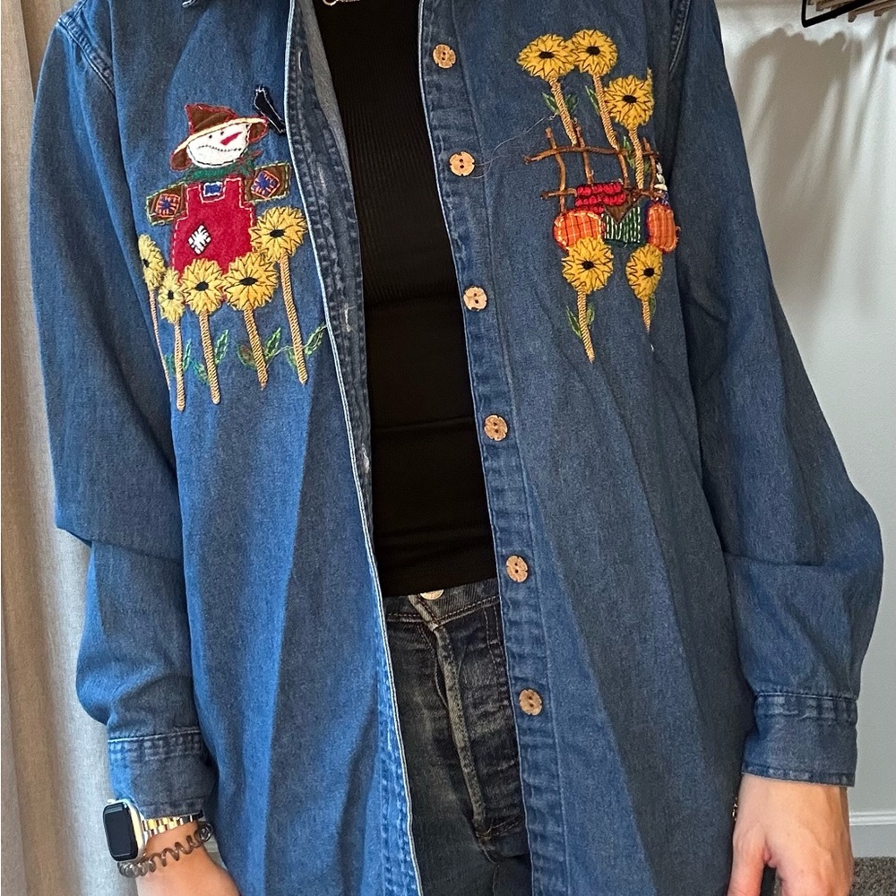Embroidered Denim Shirt with Sunflower Design